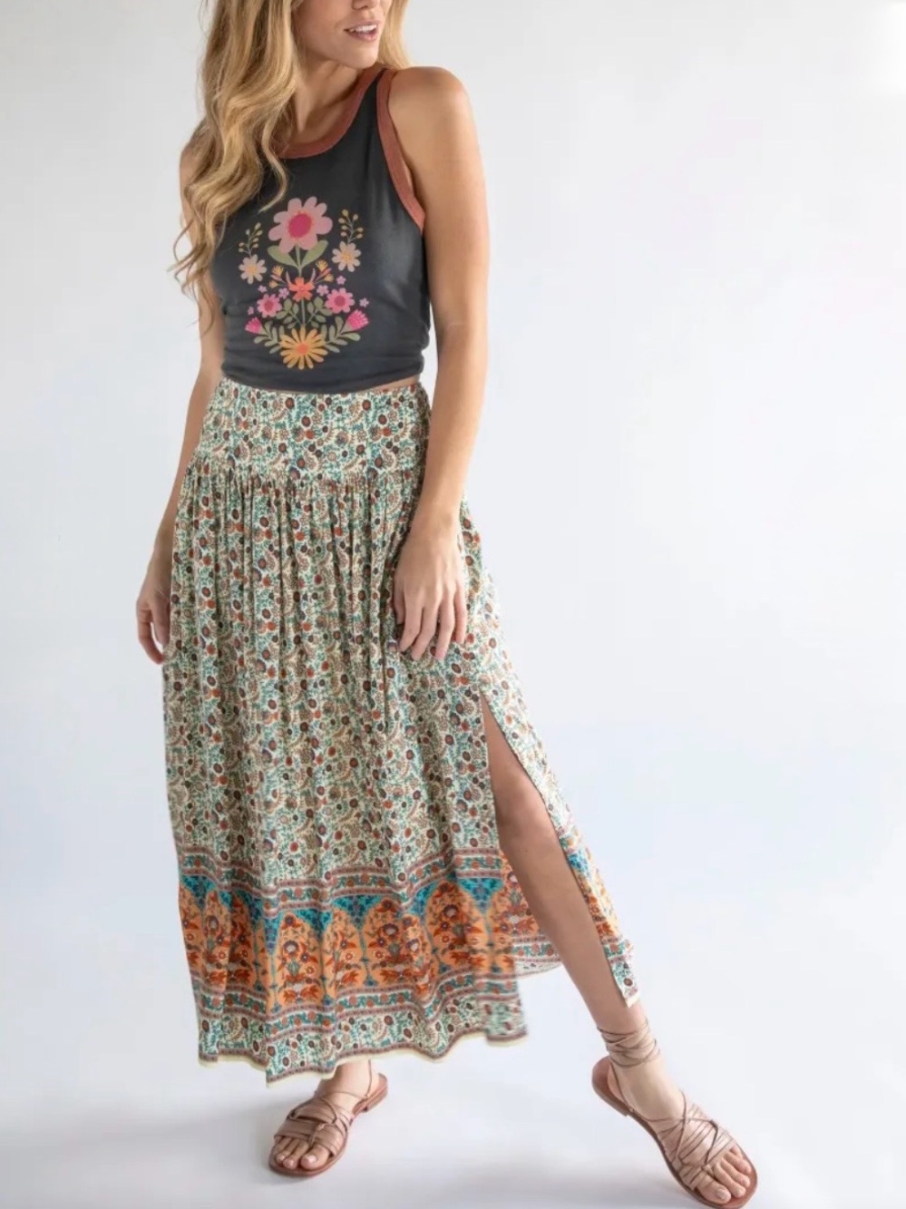 Natural Life Addie Midi Maxi Skirt Cream Orange Floral Boho Smocked Waist Large